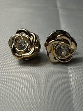 Gold Rose Brooch Pins Crystal Rhinestone Center Floral Coquette Romantic